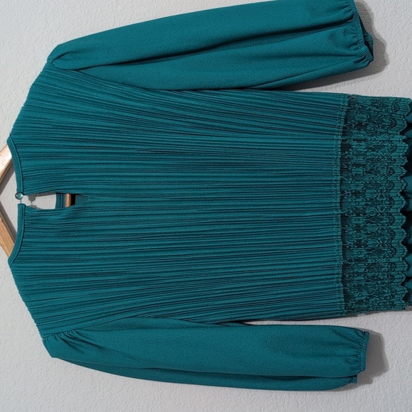 Good Times 80s Vintage Pleated Party Cocktail Dress Teal Size 8P Lace Detail - Picture 6 of 11